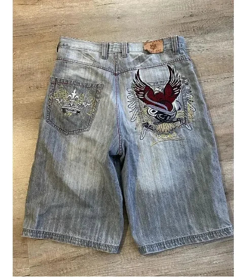 Hearujoy Street washed geometric cross embroidery raw edge high quality baggy denim shorts for womens y2k summer new simple sports pants