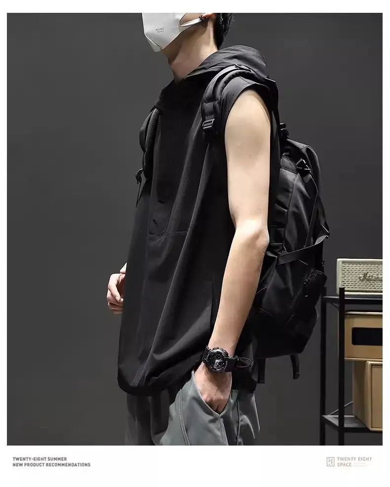 Hearujoy Summer Casual Pullover Shirt Tess Vest Men's Loose Sleeveless Hooded Cool Boy Versatile Sports Tops Solid Undershirt