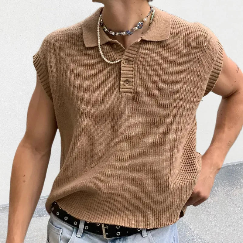 HEARUJOY  -  Fashion Mens Knit Polo Shirt Sleeveless Lapel Button Loose Tee Tops Spring Summer Casual Trend Polos Tshirt Men Clothing