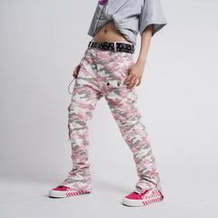 Hearujoy Fashion Streetwear Pink Camouflage Cargo Pants Hip Hop Multi-pocket Zip Up Trousers Flared Men Y2k Slim Fit Casual Pants Baggy