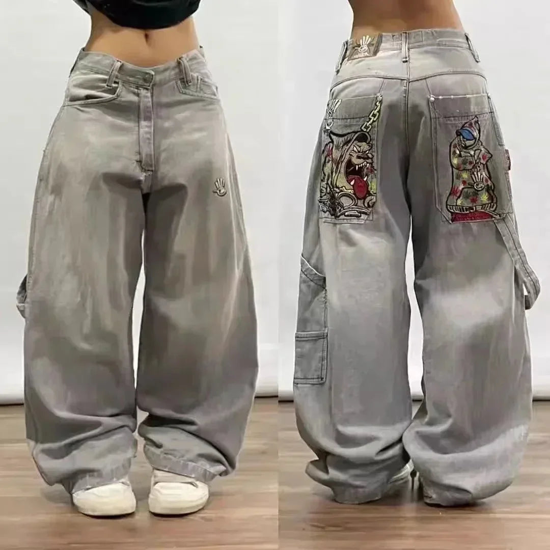 Hearujoy Y2K High Street Vintage Printed Pattern Jeans American Classic Wings Texture Jeans Couple Fashion Gothic Harajuku Wide Leg Pants