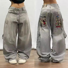 Hearujoy Y2K High Street Vintage Printed Pattern Jeans American Classic Wings Texture Jeans Couple Fashion Gothic Harajuku Wide Leg Pants