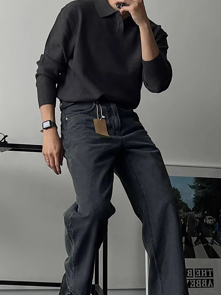 HEARUJOY  -  Spring Autumn Casual Knitting Men Polo Shirts Long Sleeve Slim Fit Elastic Knit Jumper Tops Men's Stylish Solid Color Polo Shirt