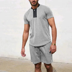 HEARUJOY  -  Men's Tracksuit 2 Piece Set Waffle V-neck Zipper Short Sleeve T Shirt And Shorts Summer Casual Fashion Sport Suit  Man Clothing