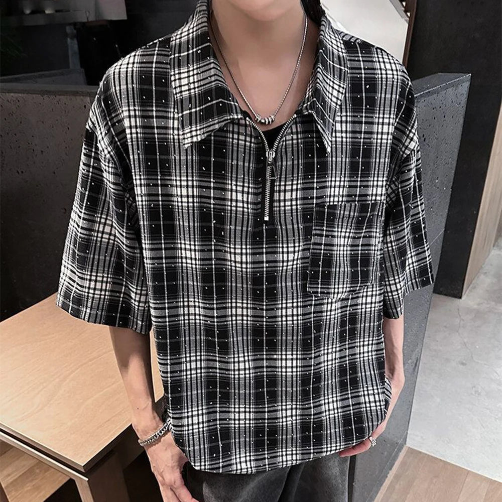 HEARUJOY  -  Mens Hot Diamond Plaid Half-Zip Casual Shirt Streetwear Fashion Youth Campus Versatile Short-Sleeve Tops Men'S Clothing 2025 New