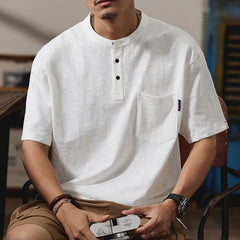 HEARUJOY  -  Summer Men Heavyweight Short Sleeve T-shirt High Quality Sold Color Button Slim-Fit Henley T-Shirts with Pocket