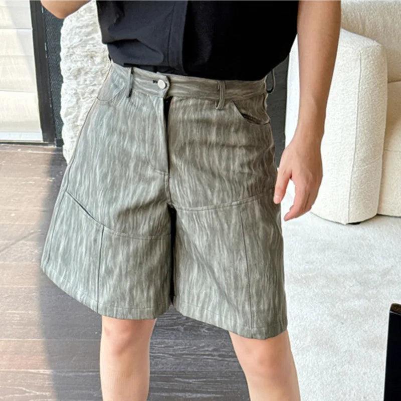 Hearujoy Niche Style Men's Shorts Casual Leather Straight Male Trousers Wide Leg Loose Bottom Stylish Pockets Summer 9C6373