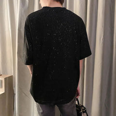 Hearujoy Summer New Casual T Shirt Korean Fashion Solid Nightclub Sequins Short Sleeves Tops Trendy Loose O Neck Streetwear Pullover Tees