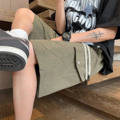 HEARUJOY  -  Baggy with Draw String Half Elastic Waist Mens Cargo Shorts Solid Loose Pockets Wide Short Pants for Men Long Bermuda New in Y2k