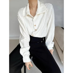 HEARUJOY  -  Wrinkle Texture Sensation Shirts For Men Stand Collar Long Sleeve Loose Top Spring Autumn Vintage French Fashion Casual Shirt