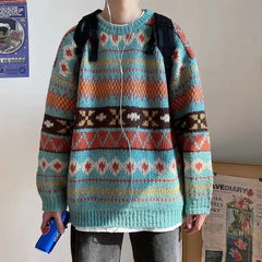 Hearujoy Men's Knitted Vintage Graphic Sweater with Pattern Brown Blue Pullovers Sweaters and Jumpers Korean Streetwear Harajuku