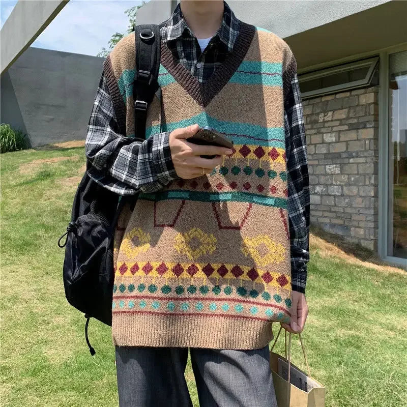 HEARUJOY  -  Sweater Man Casual Waistcoat V Neck Printed Knit Vests for Men Designer Cheap Korean Fashion Smooth Reviews Clothes Top Harajuku