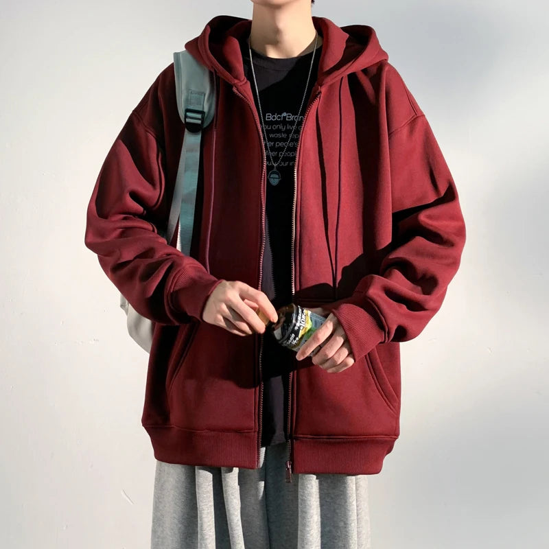 HEARUJOY  -  Spring Autumn Men's Zipper Hoodies Streetwear Casual Jacket Male Solid Color Loose Sweatshirts Simple Hooded Coats