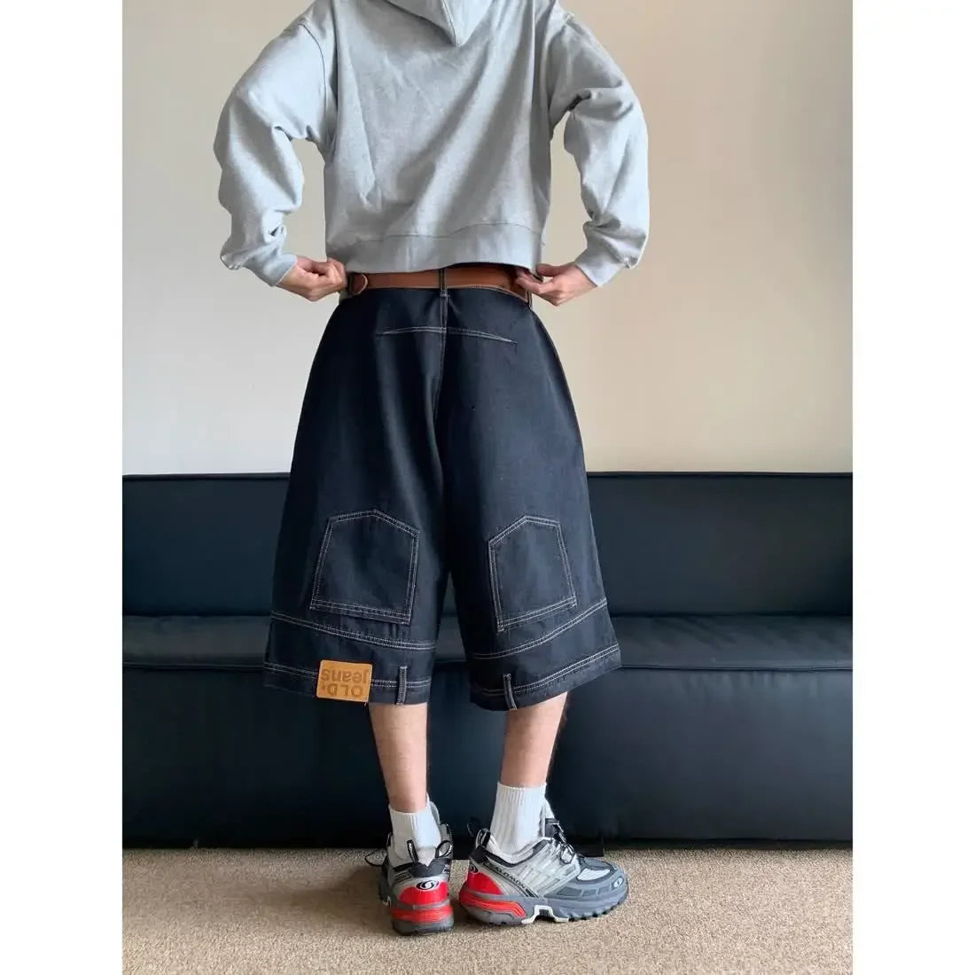 HEARUJOY  -  Hip Hop Retro Waist Inverted Design Men Denim Shorts Instagram Gothic Street Apparel Loose Straight Leg Pants Sports Pants
