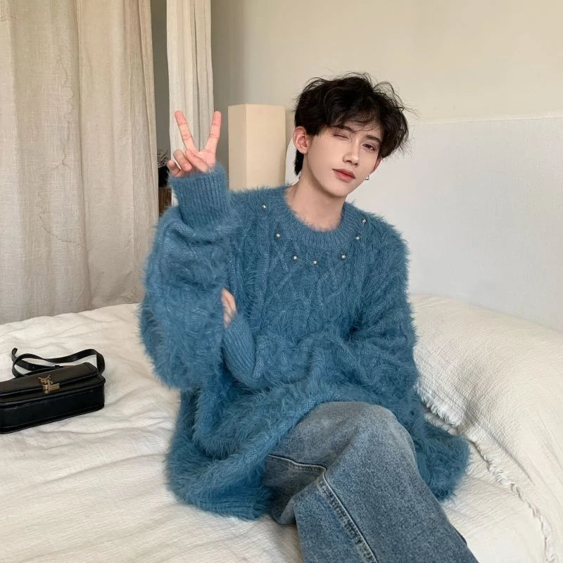 Hearujoy Korean Fashion Black Jumper Beaded Decoration Autumn and Winter Streetwear High Street Loose Pullover Men Gothic Harajuku Jumper