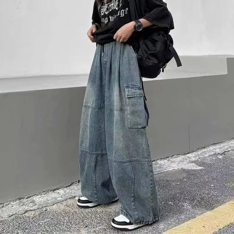 Hearujoy Y2k Baggy Cargo Jeans for Men Oversize Wide Leg Denim Pants Male Hip Hop Trousers Pockets Streetwear Loose Patchwork