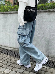 HEARUJOY  -  Baggy Jeans Men's Oversize Streetwear Fashion Wide Leg Cargo Pants Hip Hop Harajuku Multi-Pocket Denim Trousers Black Blue