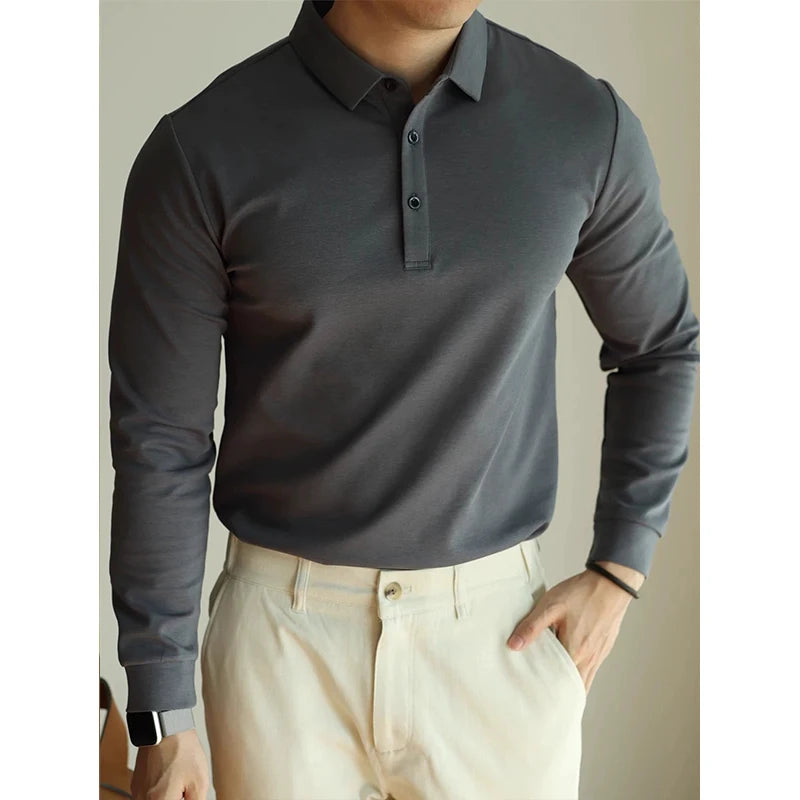 HEARUJOY  -  New American Retro Men Polo Shirt Light Luxury Solid Color Slim-fit Commuting Long Sleeve T-shirt Leisure Business Pullover Tops