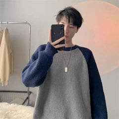 Hearujoy New Hong Kong Style Sweater Men's Trendy Brand Couple's Loose Knit Sweater Color Blocked Raglan Sleeve Sweater Thick Outerwear