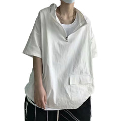 HEARUJOY  -  Pullover Men Tops Hoodie Loose Pocket Polyester Casual Harajuku Hip Hop Hooded Short Sleeve Solid Color Sweatshirt