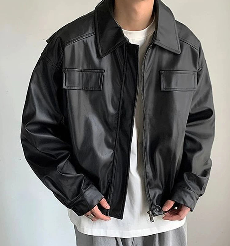 HEARUJOY  -  Men's Casual Texture PU Leather Jacket High Street Zippers Turn-down Collar Long Sleeve Retro Coat with Pocket Spring Autumn