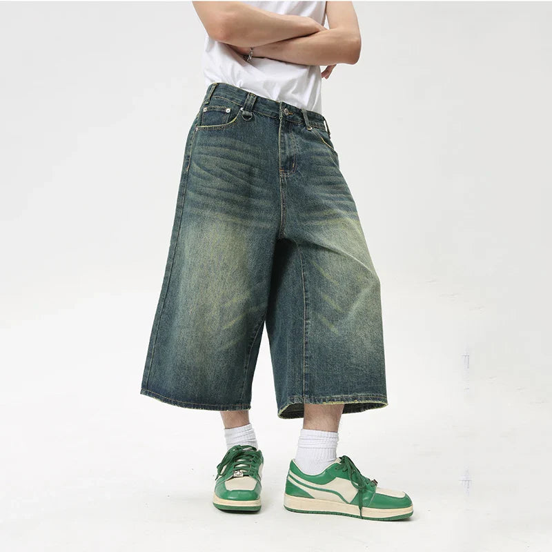 Hearujoy High Street Calf-Length Pants Denim Men's Shorts Straight Zipper Causal Wide Leg Male Trousers Chic Summer 8825