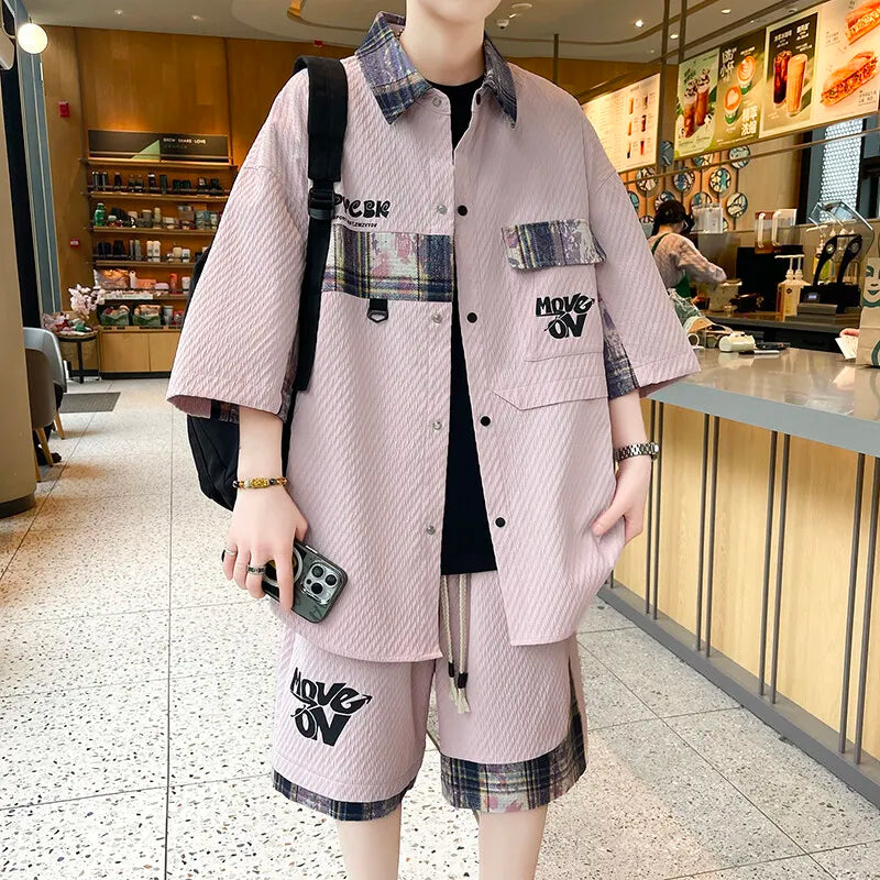 HEARUJOY  -  Summer Men's Casual Set Single Breasted Short Sleeve Shirt Shorts 2 Piece sets Loose Fashion High Quality Sweatshirt Suit
