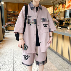 HEARUJOY  -  Summer Men's Casual Set Single Breasted Short Sleeve Shirt Shorts 2 Piece sets Loose Fashion High Quality Sweatshirt Suit