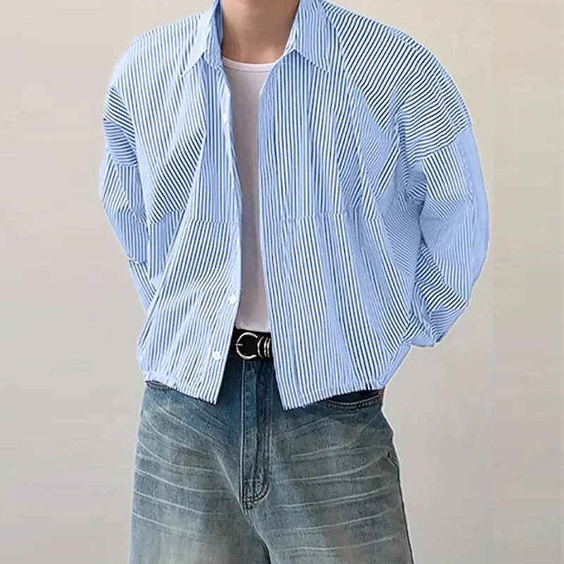 HEARUJOY  -  New Japanese Trendy Men Shirts Light Luxury Textured Lapel Striped Long Sleeve Cardigan Tops Leisure Premium Loose Blouse M-2XL