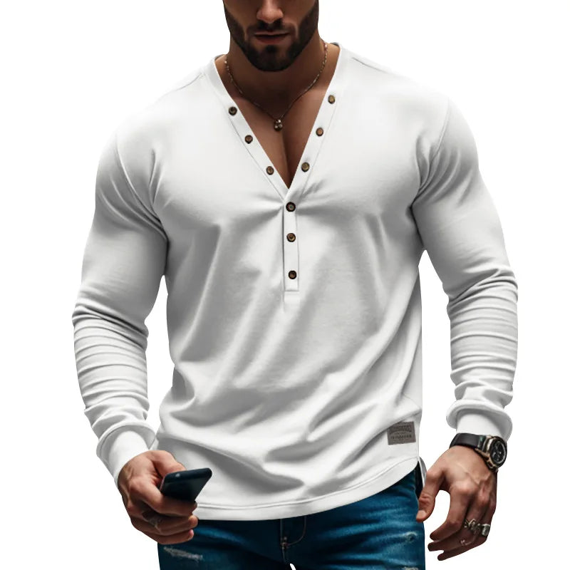HEARUJOY  -  Men's Spring and Autumn Style American Solid Color Men's T-shirt Long Sleeve Casual Slim Button-down V-neck Blouse
