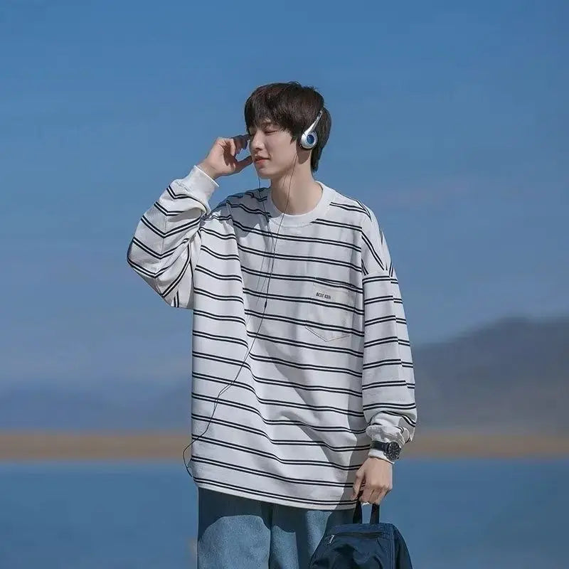 HEARUJOY  -  Men Autumn 2026 Striped Long Sleeve T Shirt Versatile High Street Embroidered Loose Trendy Casual Top