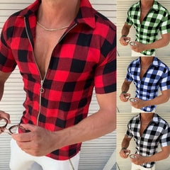 HEARUJOY  -  Fashion Plaid Printed Shirts For Men Slim Fit Short Sleeved Zipper Cardigan Top Summer Leisure Tshirt Streetwear Mens Clothing