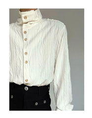 HEARUJOY  -  Wrinkle Texture Sensation Shirts For Men Stand Collar Long Sleeve Loose Top Spring Autumn Vintage French Fashion Casual Shirt