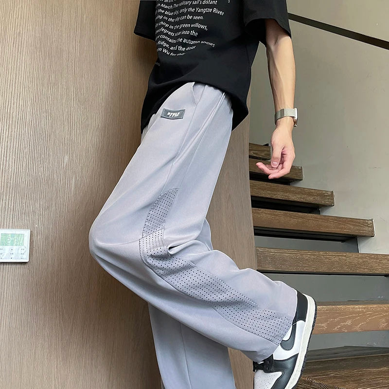 HEARUJOY  -  Summer Thin Ice Silk Mesh Quick Dry Elastic Pants Men Breathable Side Hollow Out Trousers Loose Sweatpants Men's Casual Pants
