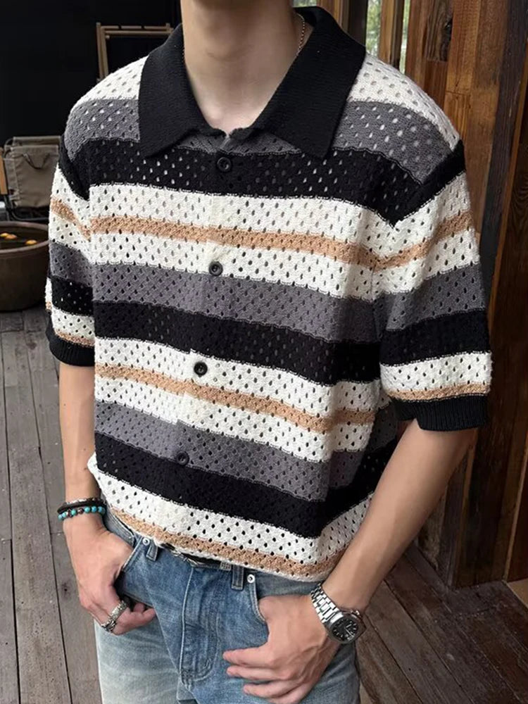 HEARUJOY  -  Ice Silk Knitting Shirts Mens 2025 Summer New Casual Striped Knit Cardigan Tops Men Clothing Vintage Buttoned Short Sleeve Shirt
