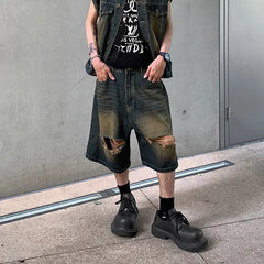 Hearujoy Ripped Hole Washed Yellow Mud Baggy Jeans for Men Straight Distressed Ropa Hombre Casual Denim Shorts Oversized Five Point Pants