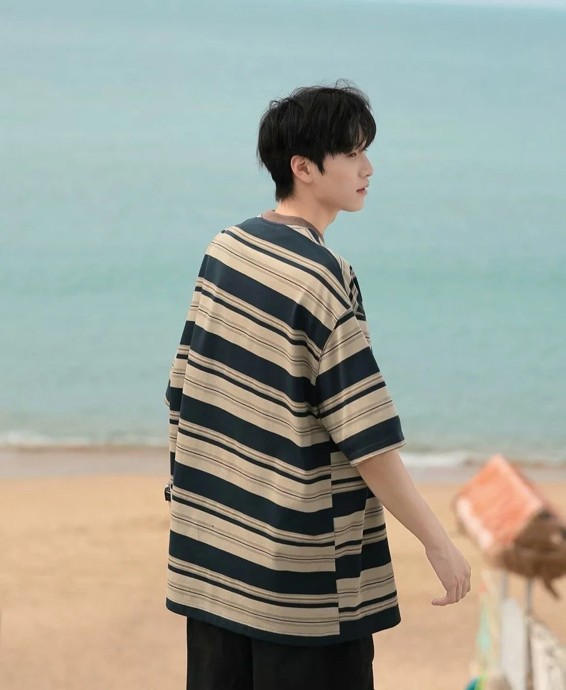 HEARUJOY  -  Striped Top Man Tee Shirts Loose T Shirt for Men Kpop Original Luxury High Quality Cheap Clothes Casual New in Harajuku Funny