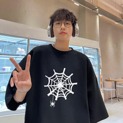 Hearujoy Harajuku Men Oversized Tee Shirts Spider Web Printed Summer Short Sleeve All-match T-Shirts Men's Korean Loose Cotton Tops 5XL-S