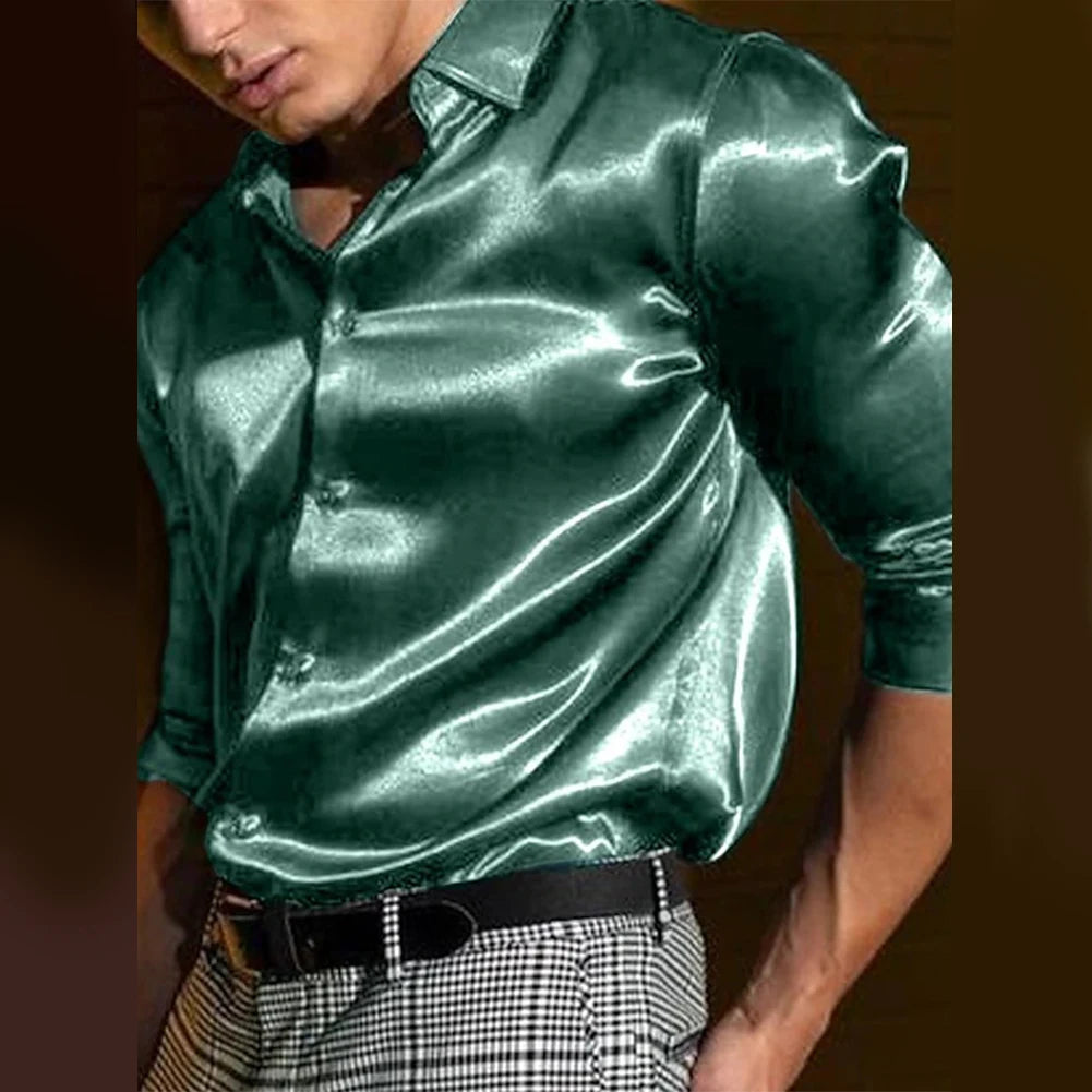 HEARUJOY  -  Men's Satin Silk Dress Shirt Long Sleeve Casual Button Down Shirts Disco Club Fashion Blouse Top New