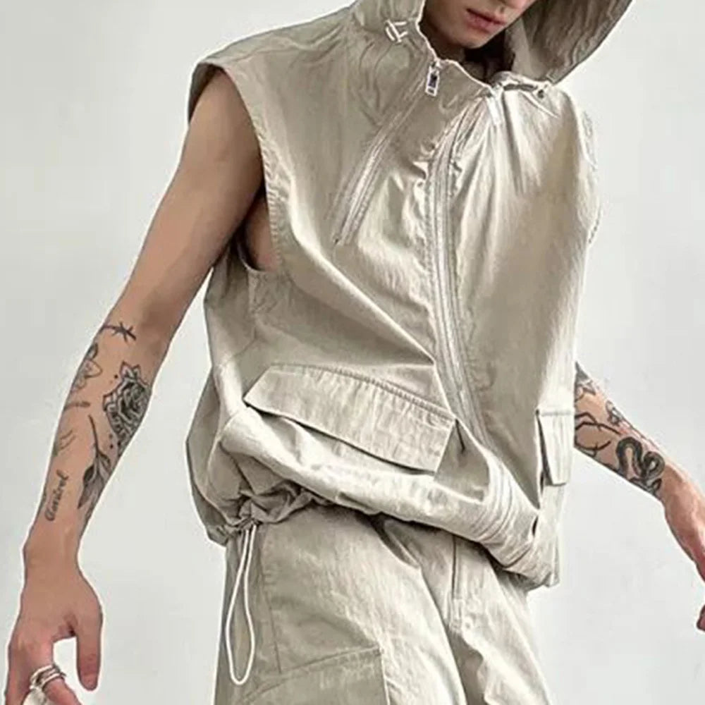 Hearujoy Men Cargo Vest Hooded Summer Japanese Zipper Design Sleeveless Tops Male Korean Streetwear Hip Hop Unisex Plus Size Waistcoat