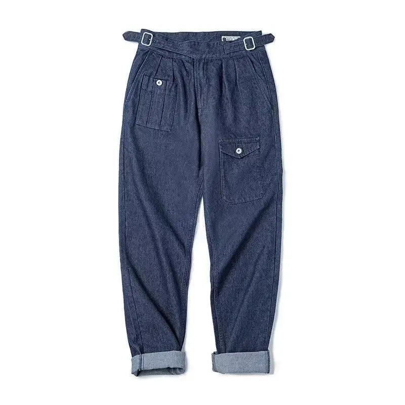 HEARUJOY  -  High Street Men Gurkha Jeans Cargo Pants Adjustable Waist Buckle Naples Trousers American Vintage Casual Loose Denim Pants