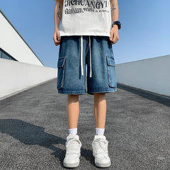 Hearujoy Korean Summer Men's Wide Leg Denim Shorts New Fashion Loose Casual Elastic Waist Large Pocket Work Shorts Men's Brand Clothing