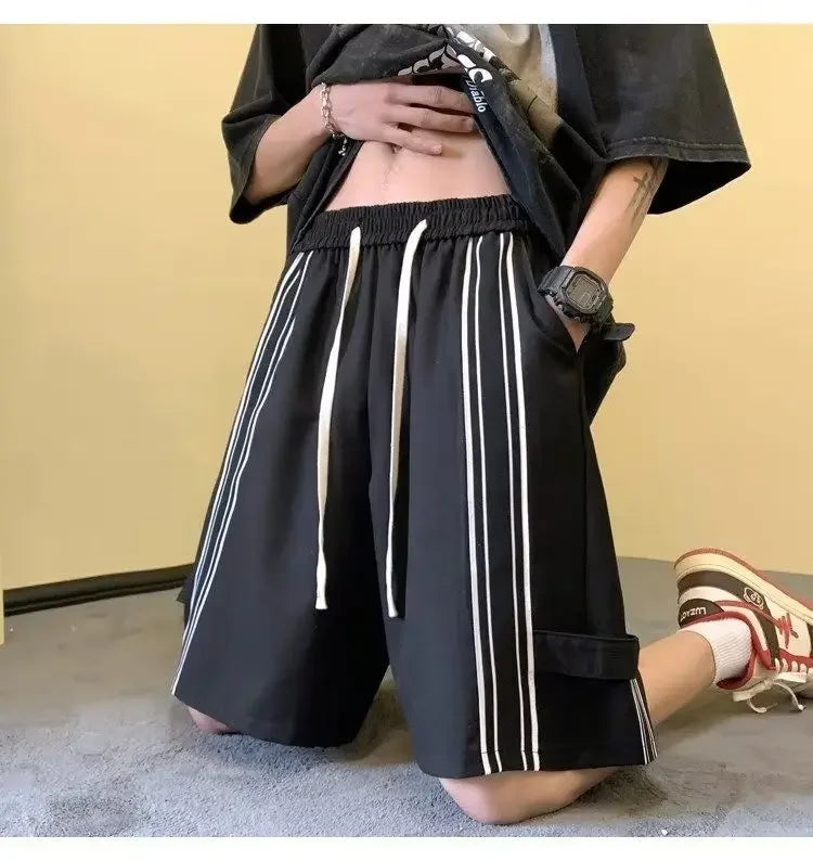 HEARUJOY  -  Fashionable Side Striped Sports Shorts Men's Loose Mid-trousers Handsome Straight Five-point Pants