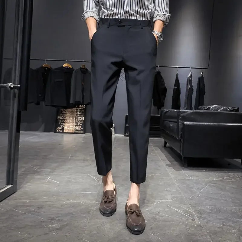 Hearujoy Slim Fit Trousers for Men Business Tressed Man Suits Pants Straight Social Tailoring Clothes Offer Fabric Designer Korean Style