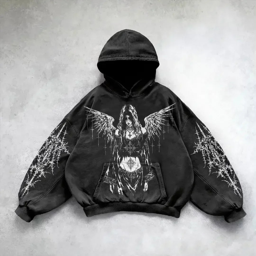 Hearujoy Dark letter devil print hoodie American retro goth fashion loose rock Harajuku versatile couple trend sports y2k top hot sale