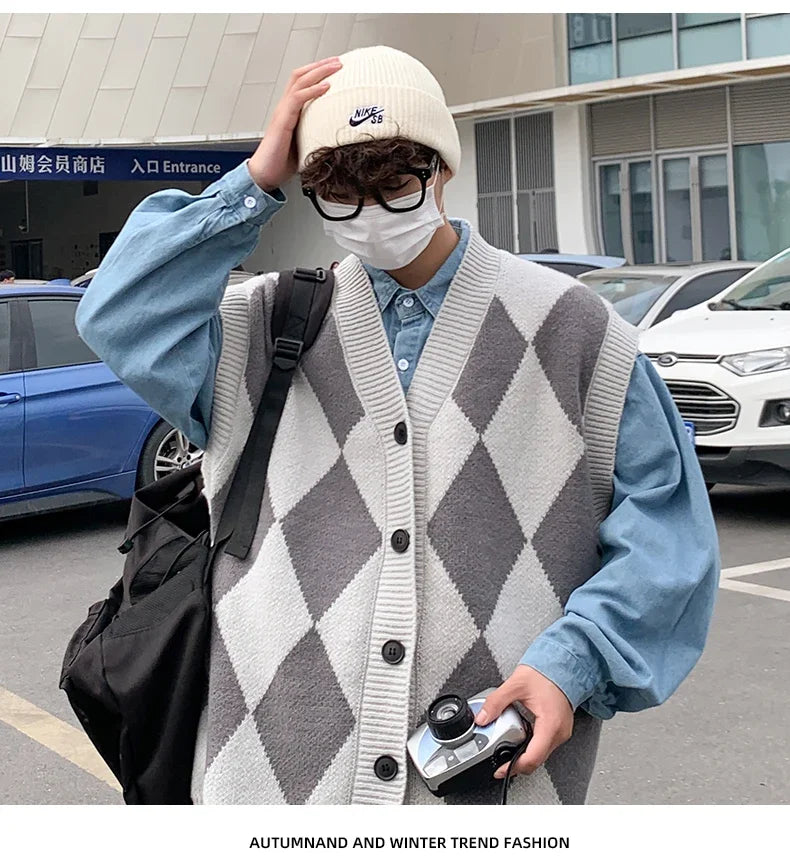 HEARUJOY  -  New Autumn Winter Fashion Trend Casual Vneck Cardigan Vest For Men Highquality Korean Version Loose Comfortable Versatile Jacket