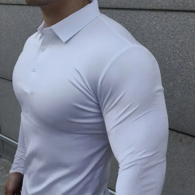 HEARUJOY  -  Korean Autumn Casual Fitness Polo Shirt Men Solid Button Slim Elastic Versatile Sports Breathable Quick Drying Long Sleeved Tops