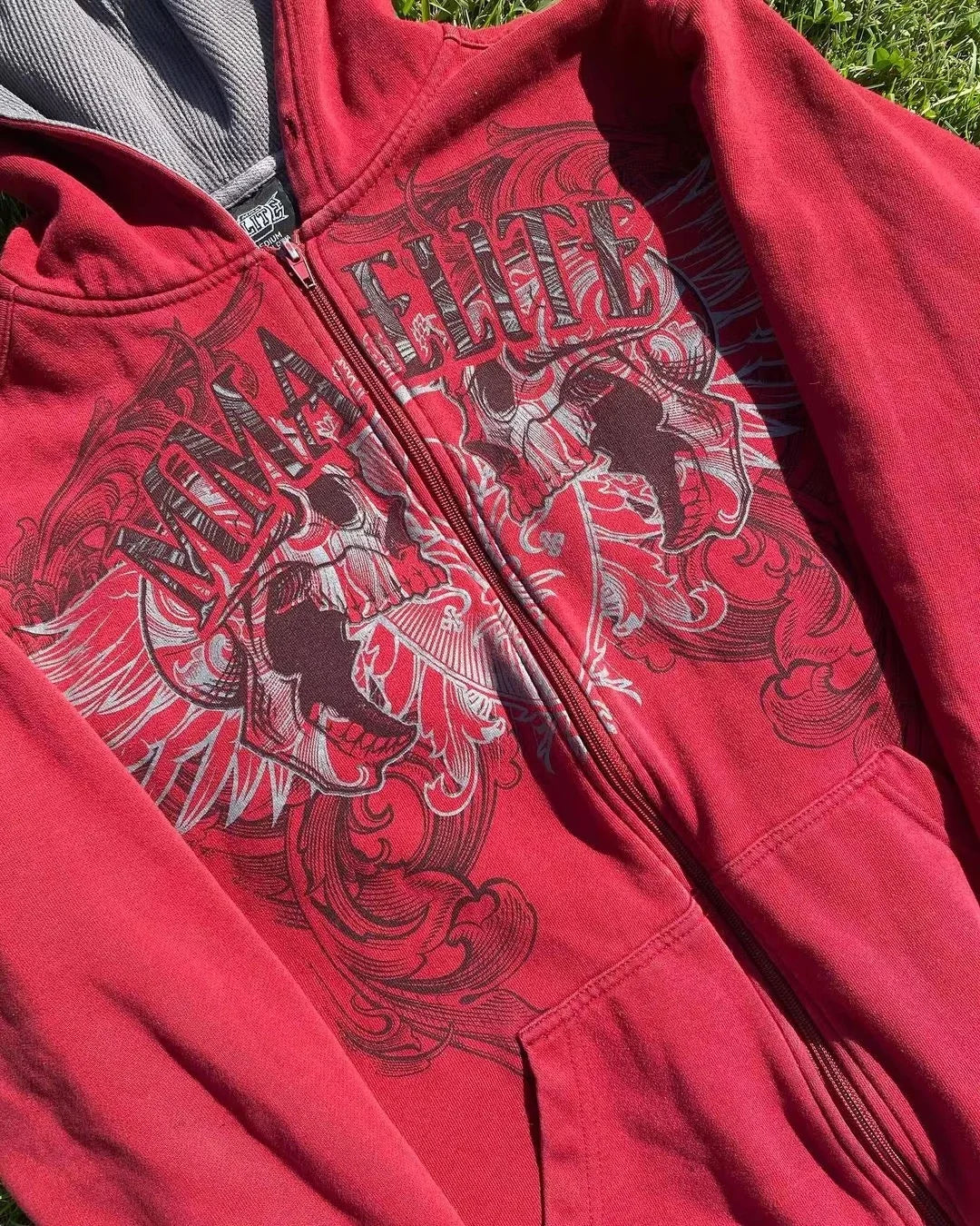 Hearujoy Y2K New Red Zipper Hoodie Retro Gothic Printed Pattern Hoodie High Street Hip-Hop Trend Sweatshirt Men's Women's Loose Hoodies