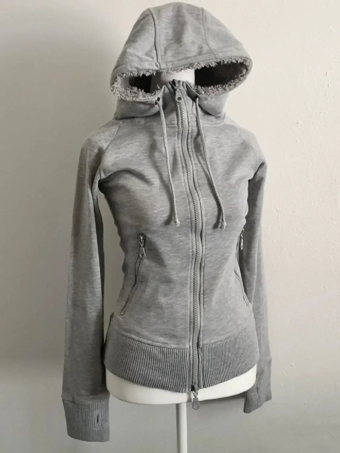 Hearujoy Y2K retro gray lamb wool hooded sweatshirt cardigan women's retro new spring and autumn double zipper design waist sweatshirt