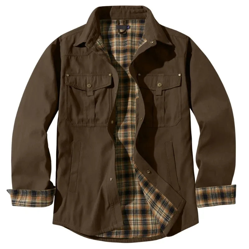 HEARUJOY  -  American Size Men's Plus-size Lapel Plaid Flannel Casual Shirt Jacket Retro Western Style Reversible Jacket